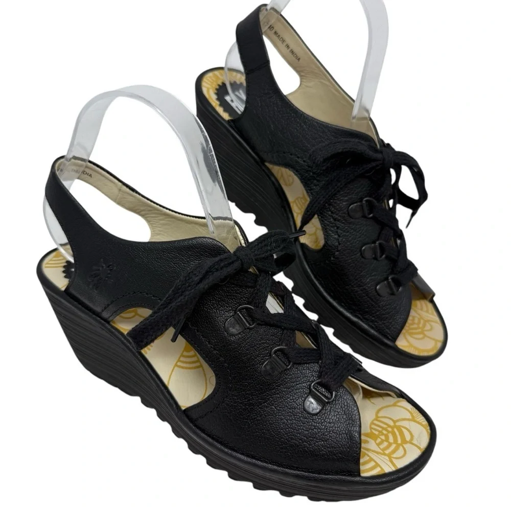 Fly London Yuta Black Leather Platform Wedge Sandals Size 40 9.5 10 Slingback